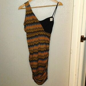 Fitted stretch dress one spaghetti strap one tank strap zig zag pattern colorful